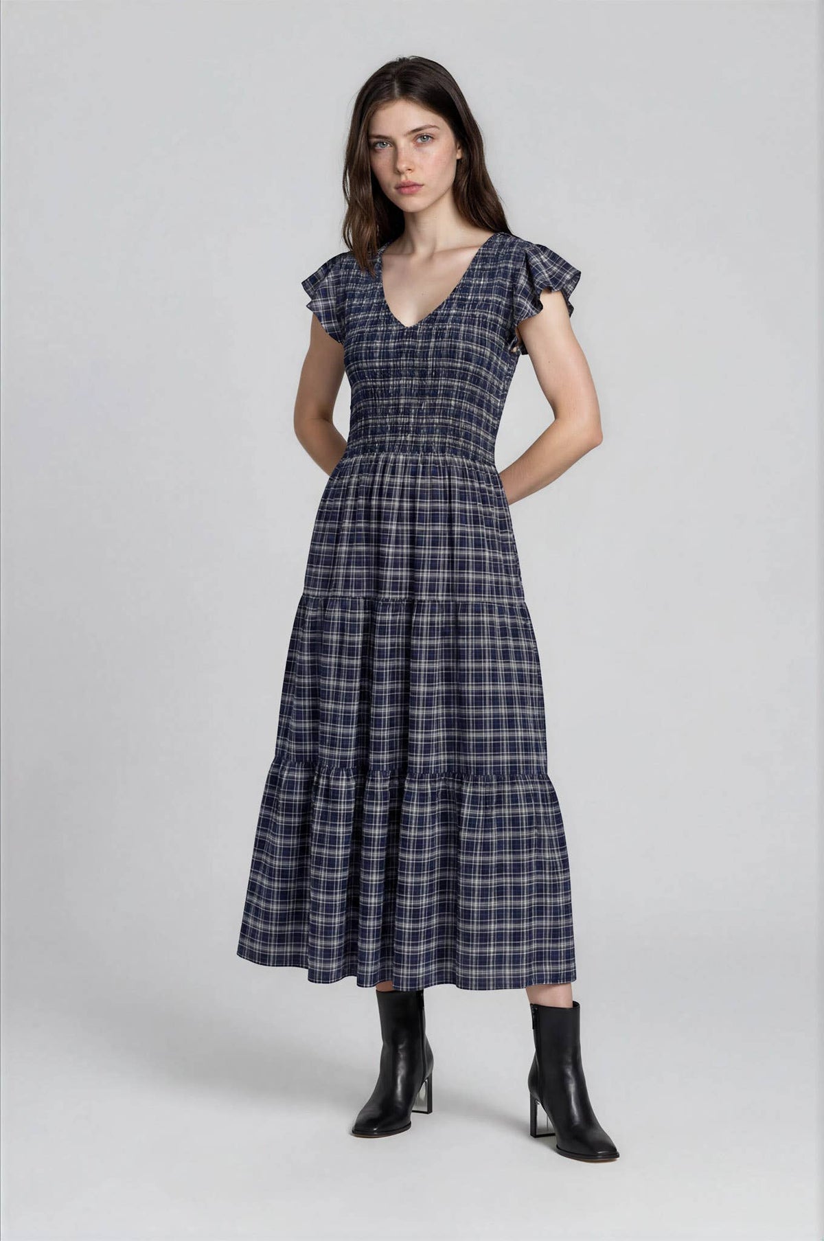 PLAID V NECK SMOCKED TIERED MIDI DRESS