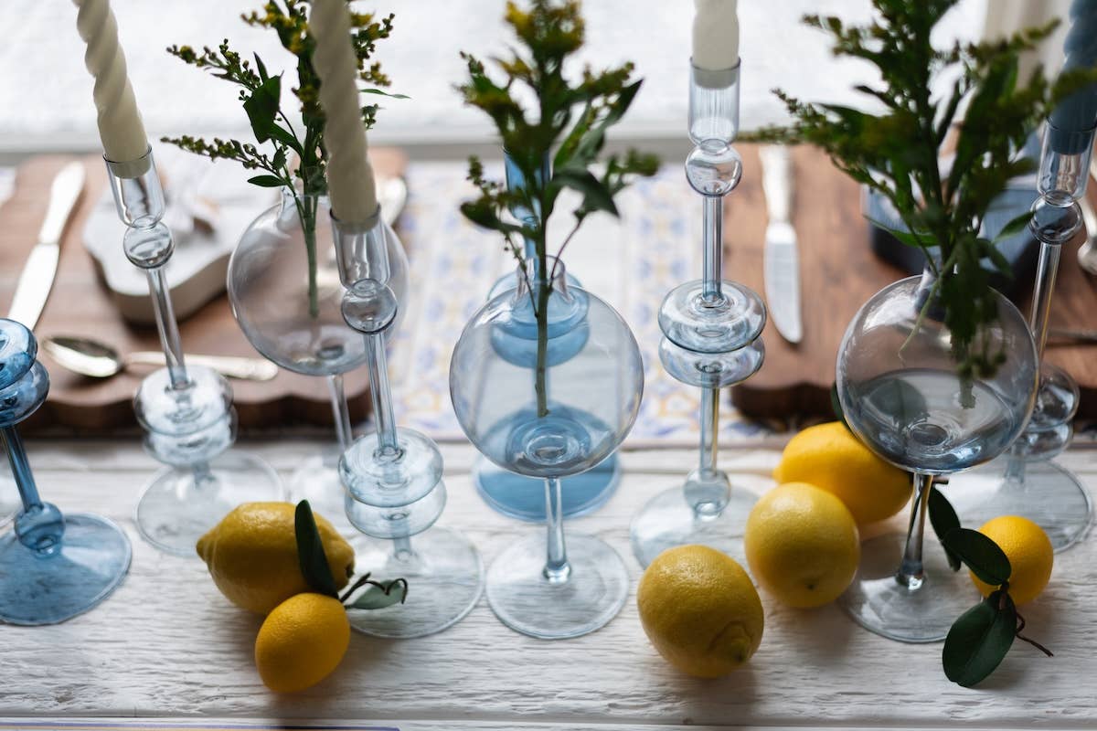 Glass Candlestick Pair, Medium, Denim