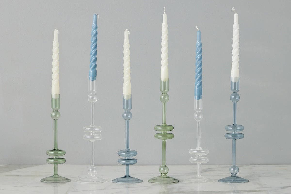 Glass Candlestick Pair, Large, Denim