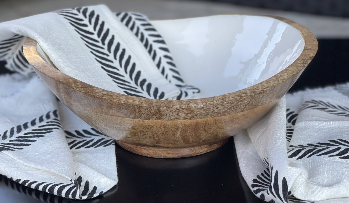 Wooden Serving Bowl +2 Dish Towels