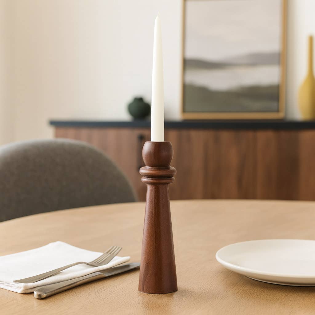 Candle Holder - Brown Mango Wood Modern Totem Taper, 10 in.