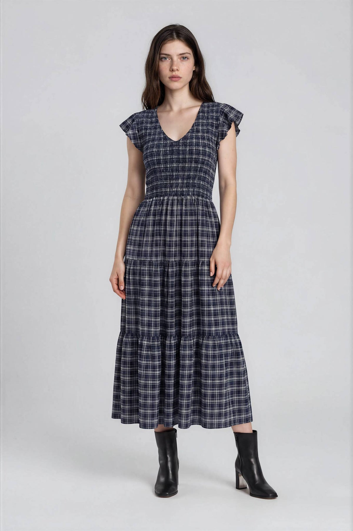 PLAID V NECK SMOCKED TIERED MIDI DRESS