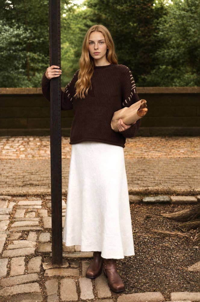 CONTRAST STITCH DETAIL MOCK NECK CHUNKY SWEATER
