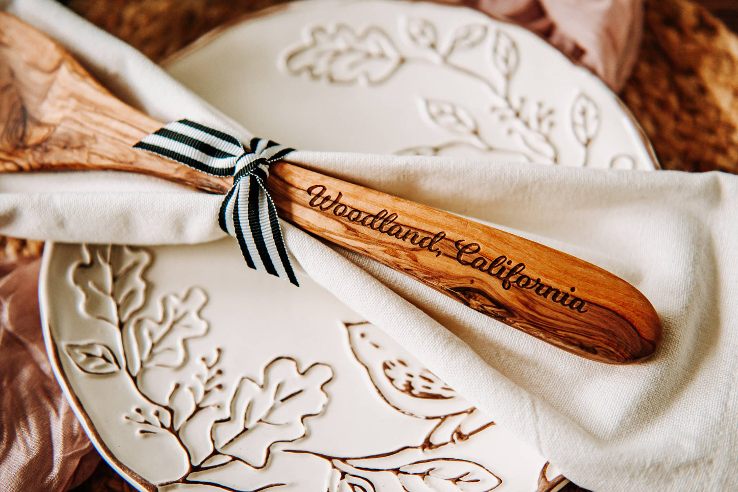 Westport Olive Wood Serving Spoon & Towel Gift Set