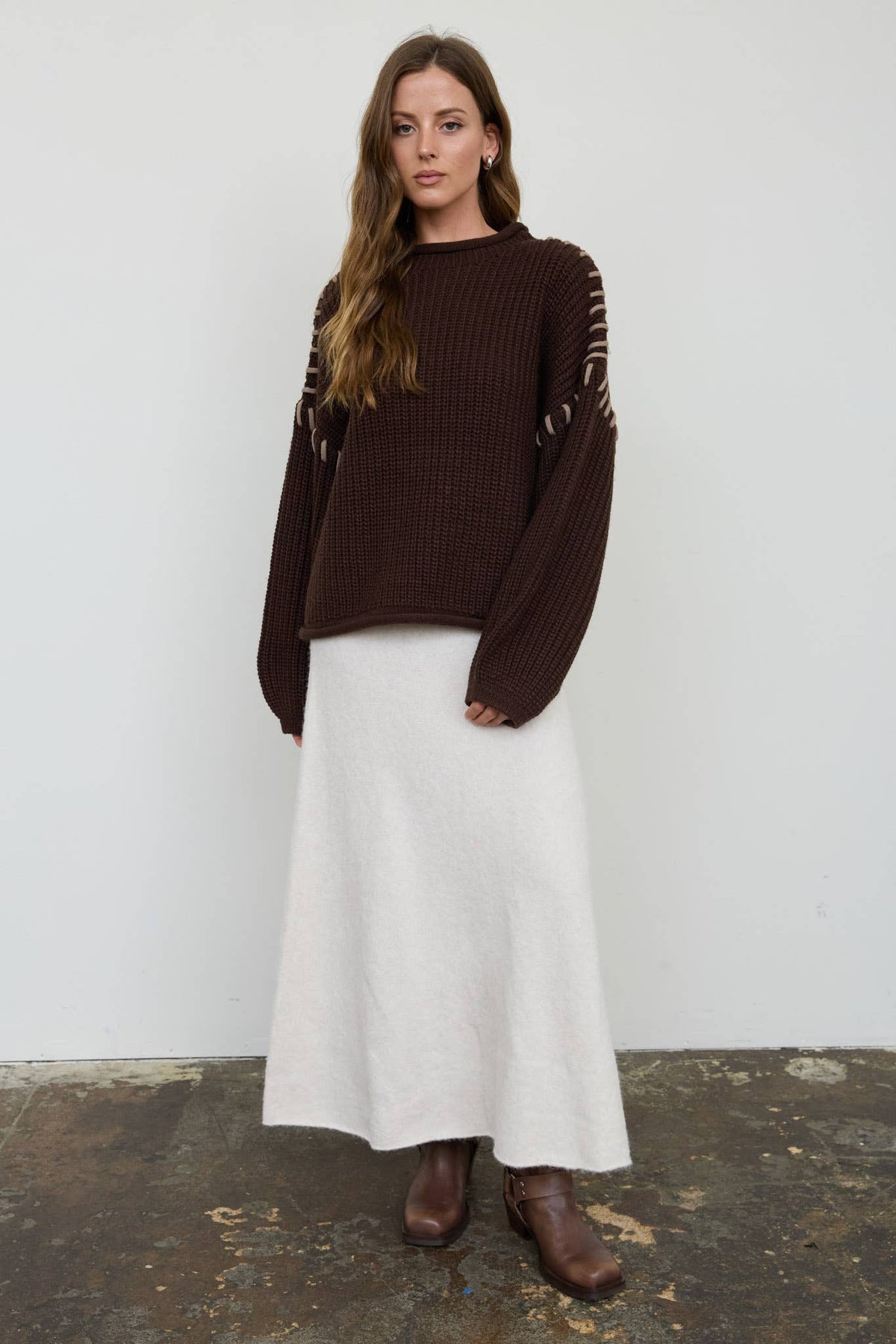 CONTRAST STITCH DETAIL MOCK NECK CHUNKY SWEATER