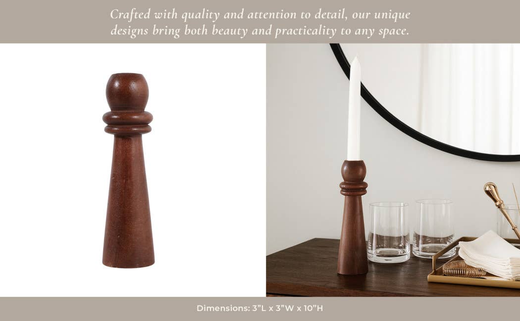 Candle Holder - Brown Mango Wood Modern Totem Taper, 10 in.