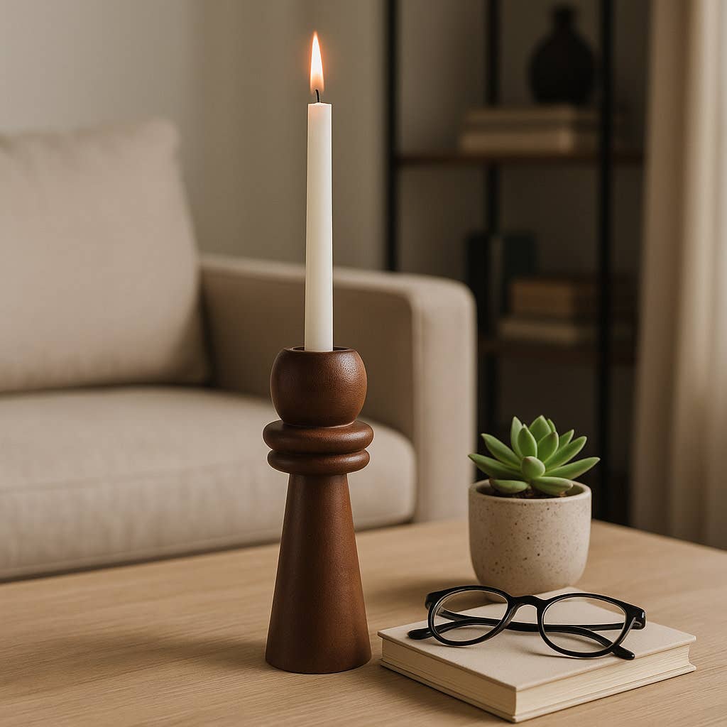 Candle Holder - Brown Mango Wood Modern Totem Taper, 8 in.