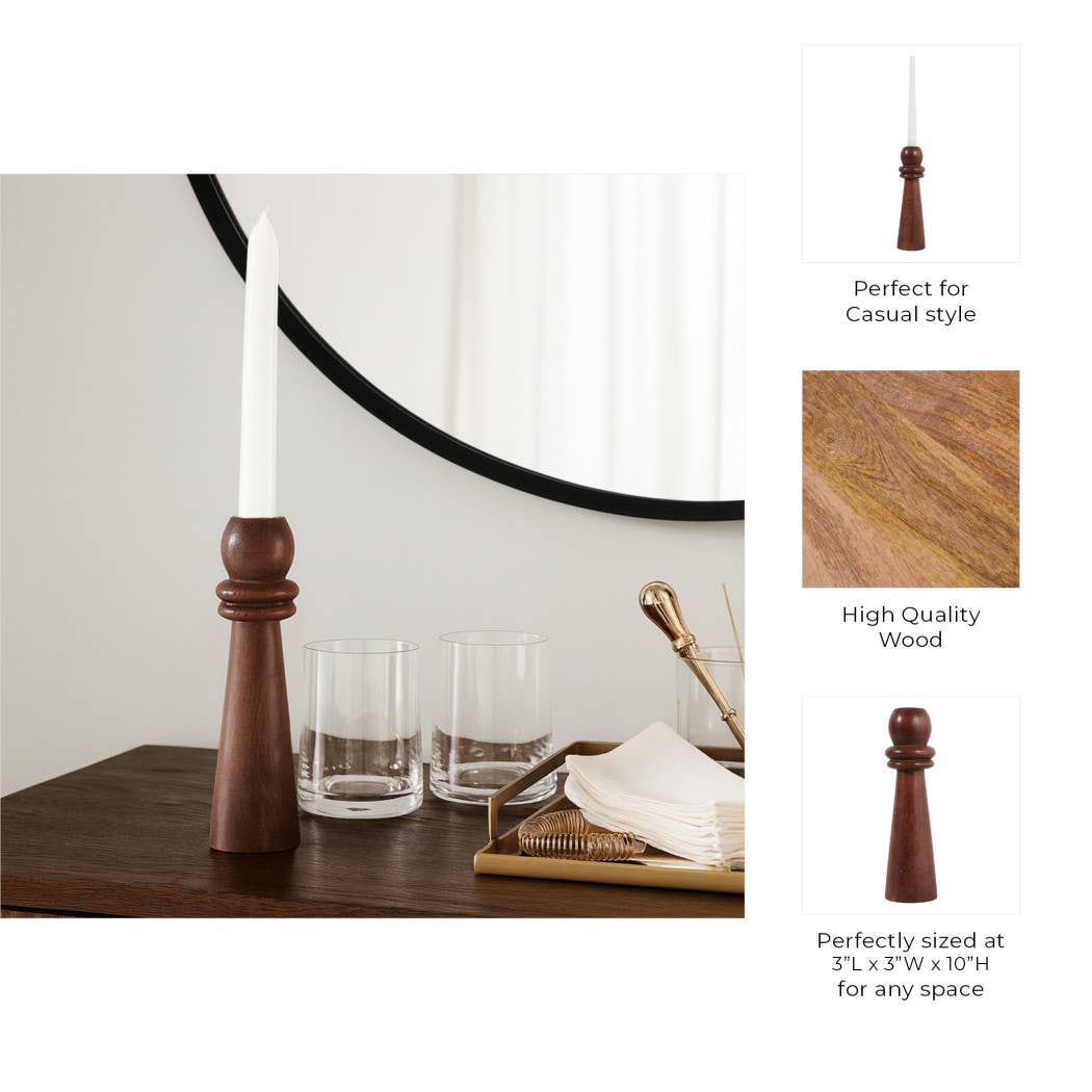Candle Holder - Brown Mango Wood Modern Totem Taper, 10 in.