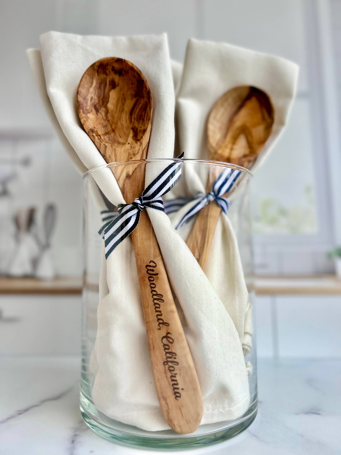 Westport Olive Wood Serving Spoon & Towel Gift Set