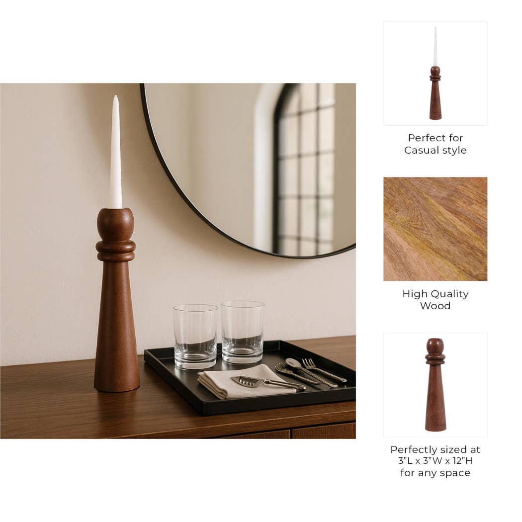 Candle Holder - Brown Mango Wood Modern Totem Taper, 12 in.