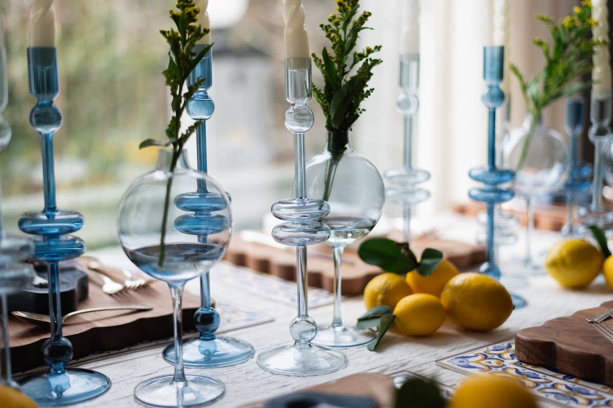 Glass Candlestick Pair, Medium, Denim