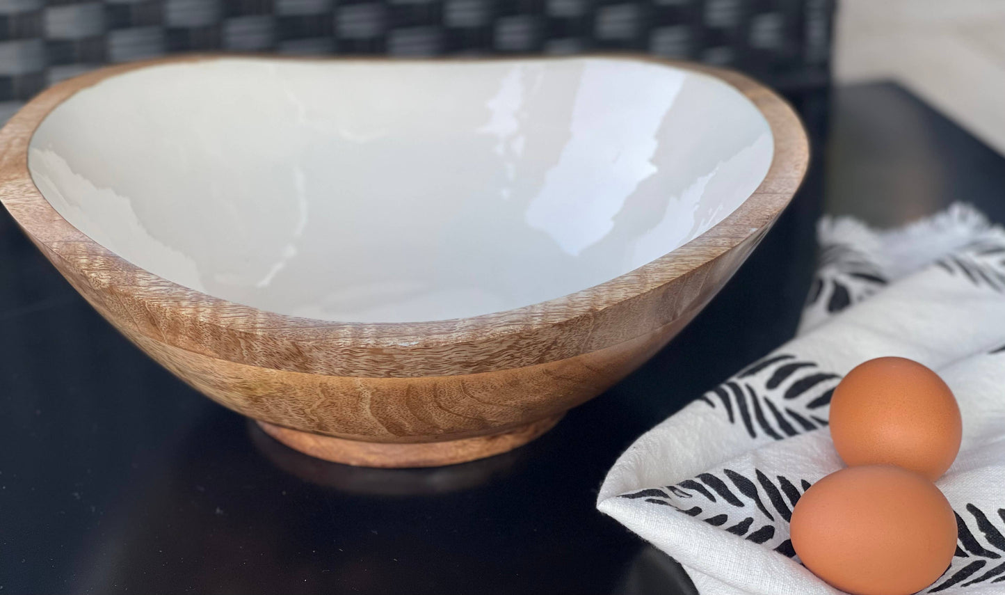 Wooden Serving Bowl +2 Dish Towels