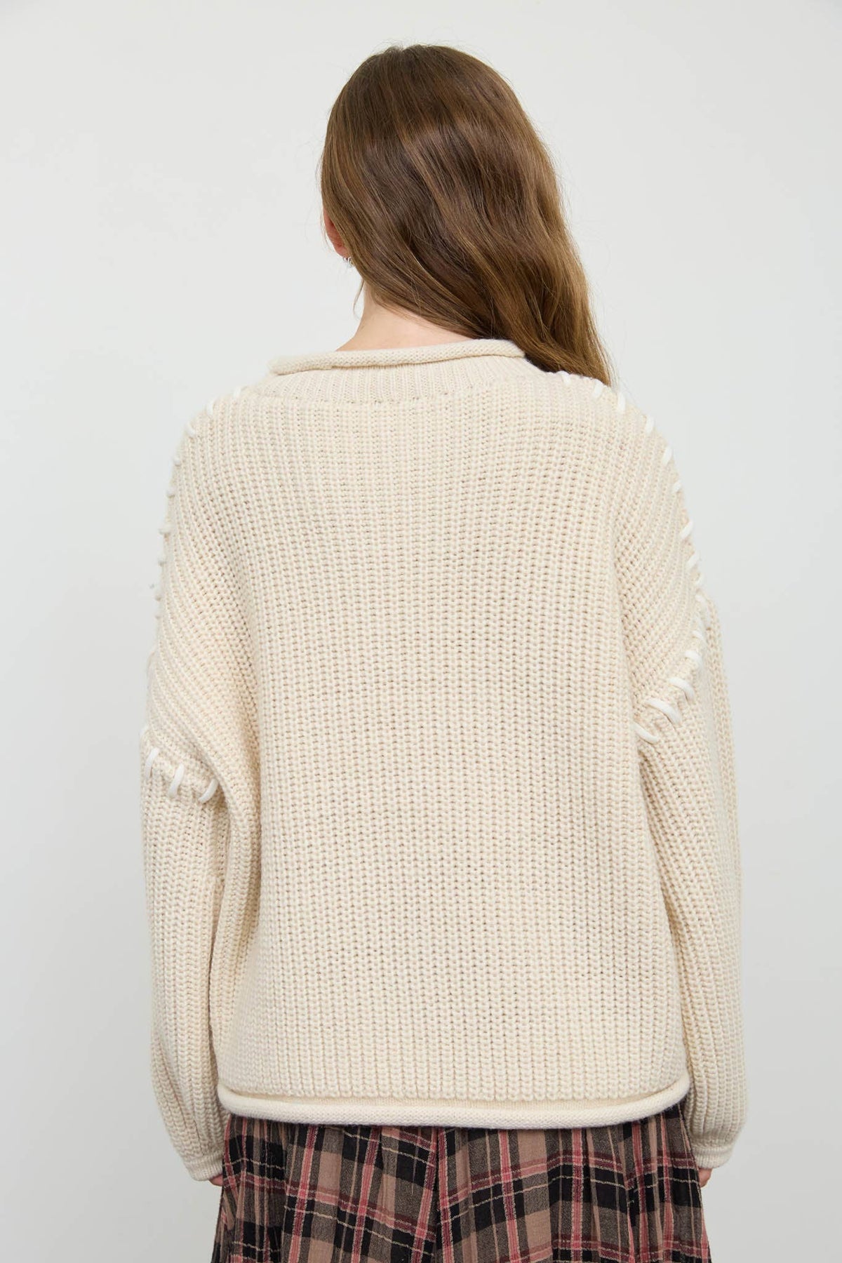 CONTRAST STITCH DETAIL MOCK NECK CHUNKY SWEATER
