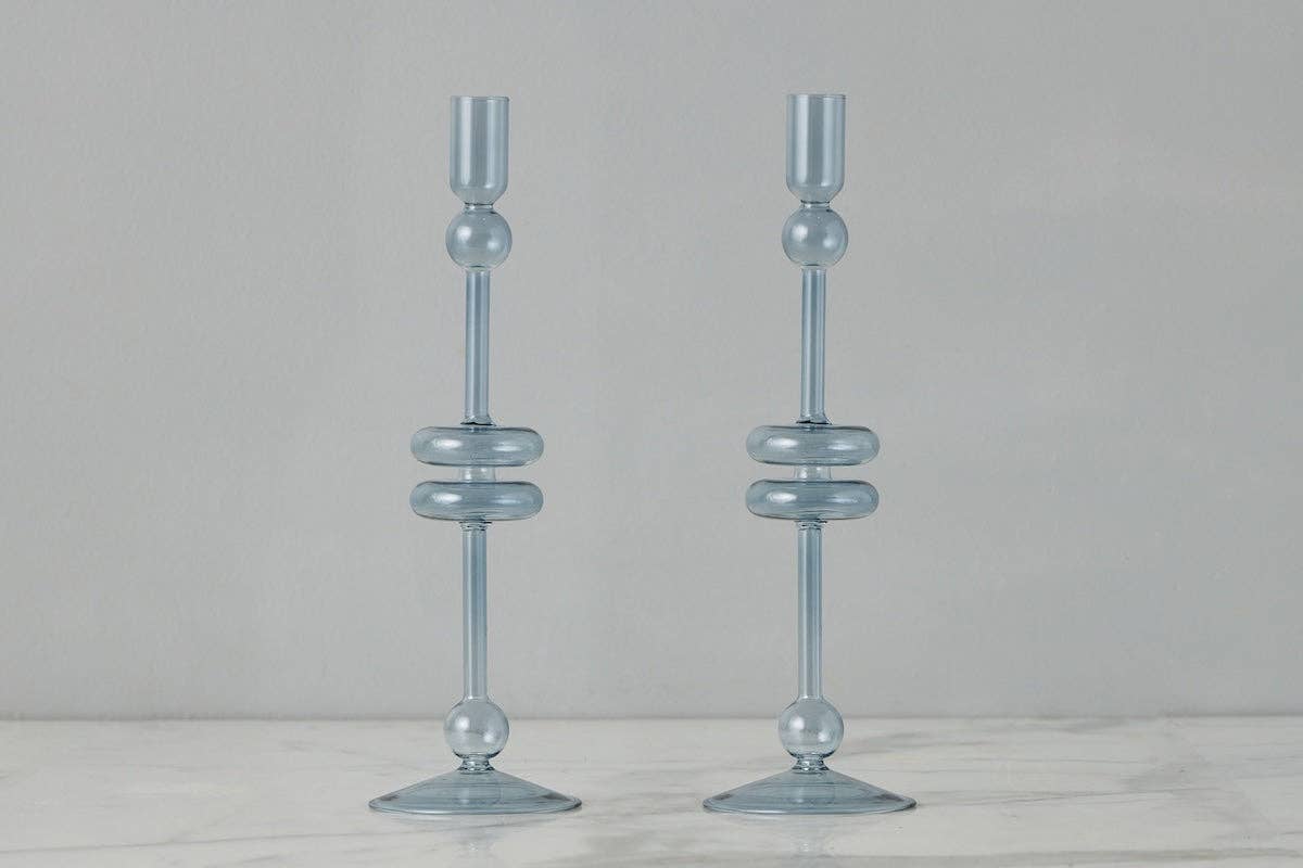 Glass Candlestick Pair, Large, Denim
