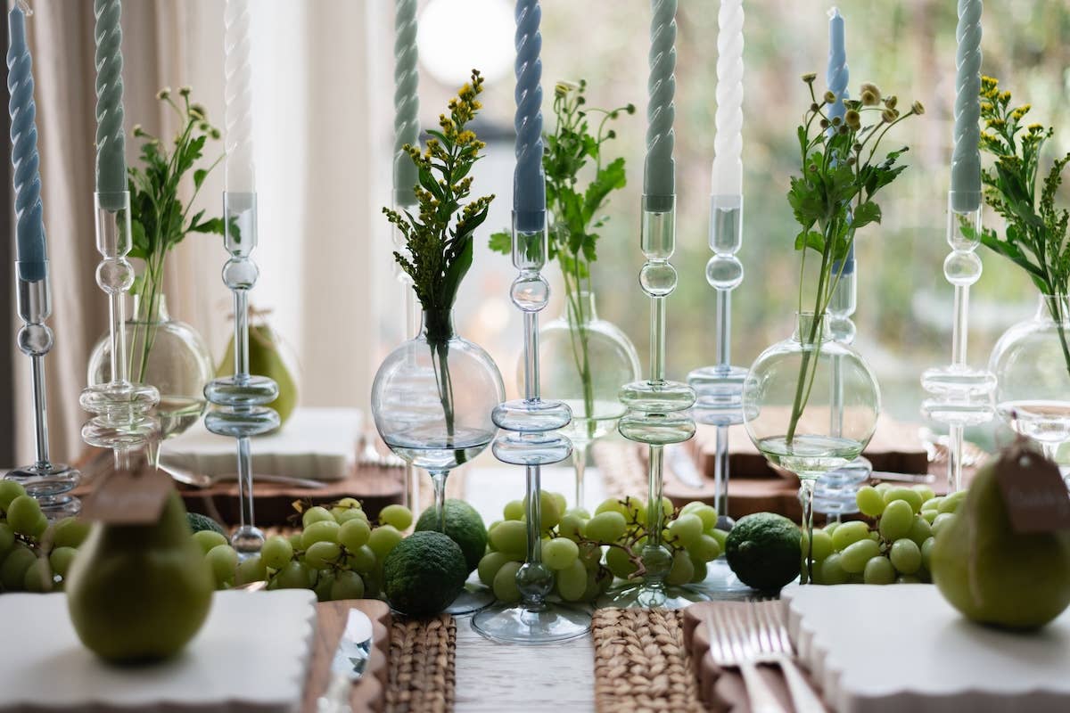 Glass Candlestick Pair, Large, Denim