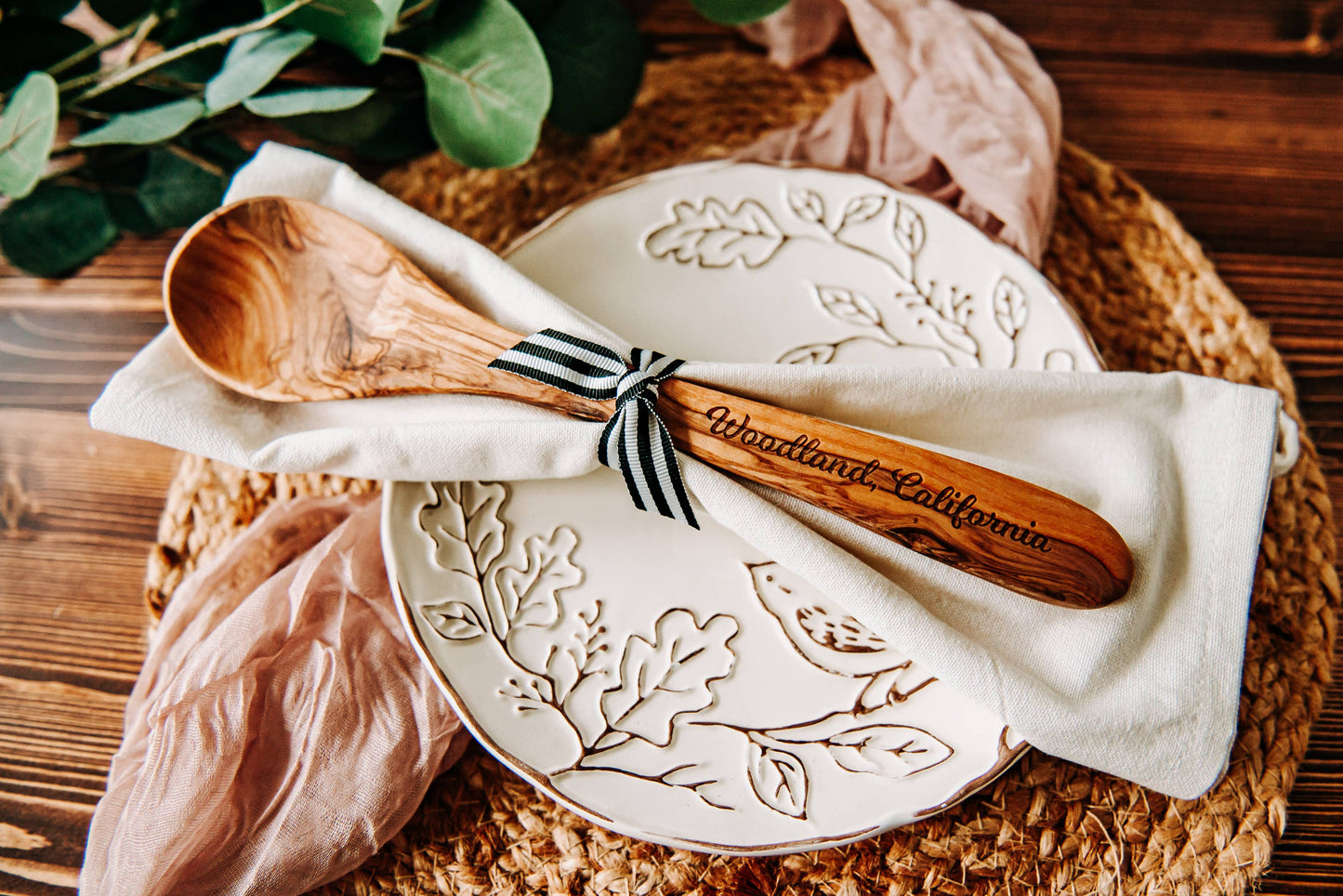 Westport Olive Wood Serving Spoon & Towel Gift Set