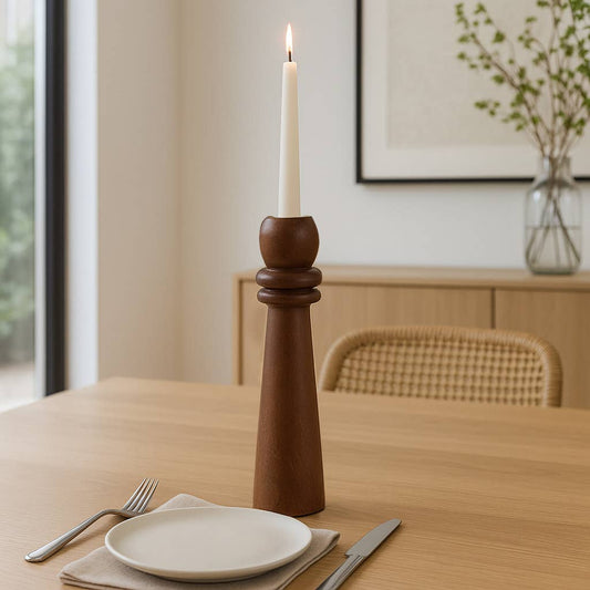 Candle Holder - Brown Mango Wood Modern Totem Taper, 12 in.