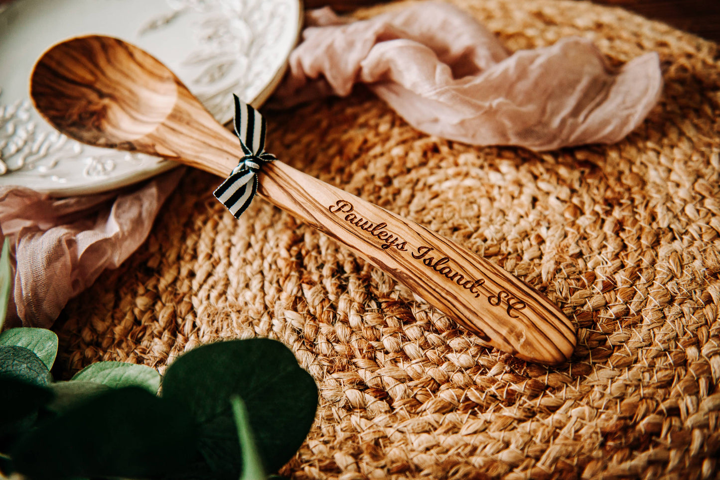 Westport Olive Wood Serving Spoon & Towel Gift Set
