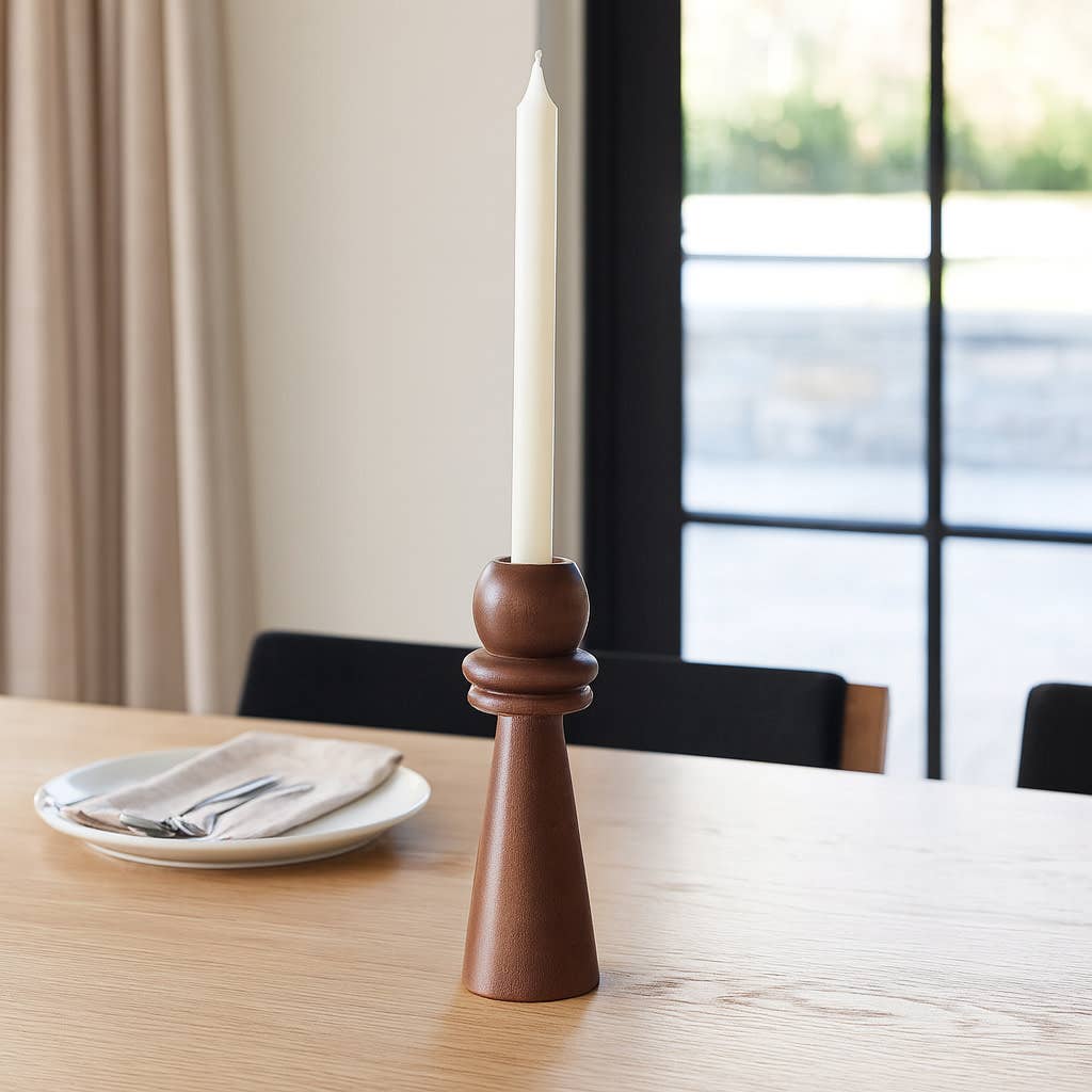 Candle Holder - Brown Mango Wood Modern Totem Taper, 8 in.