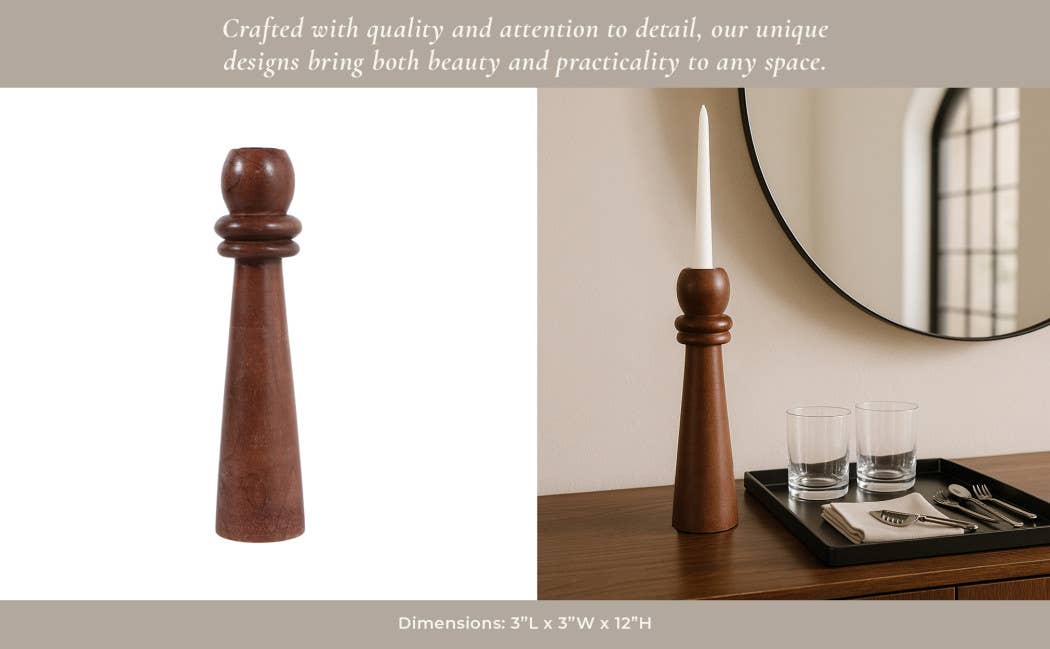 Candle Holder - Brown Mango Wood Modern Totem Taper, 12 in.