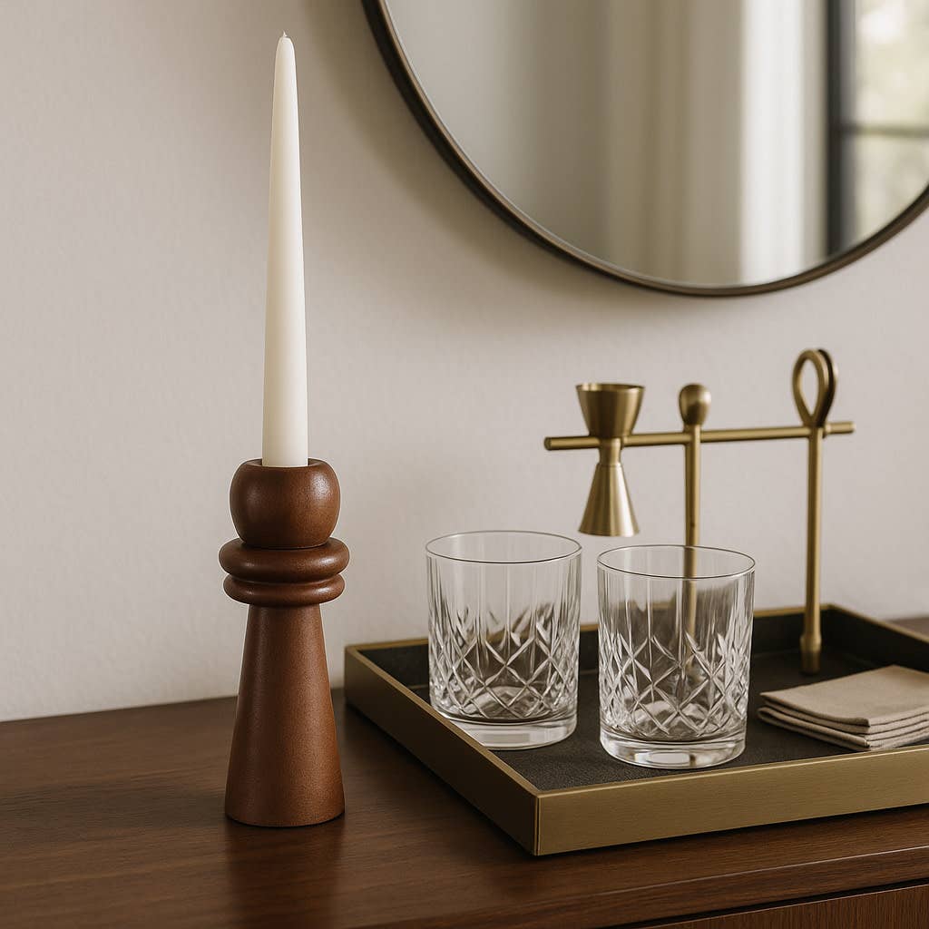 Candle Holder - Brown Mango Wood Modern Totem Taper, 8 in.