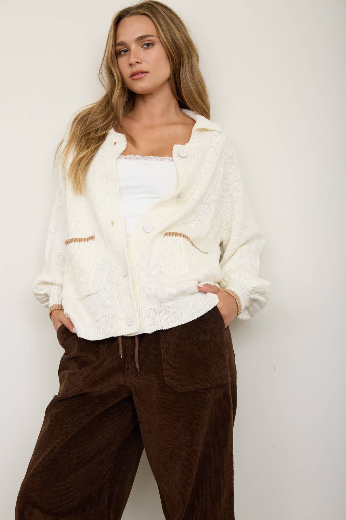 COLLARED BUTTON DOWN BACK PUPPY JACQUARD CARDIGAN