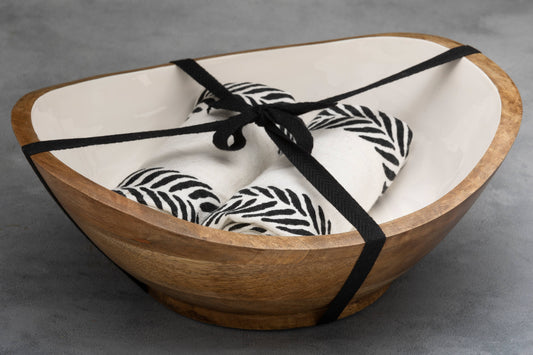 Wooden Serving Bowl +2 Dish Towels