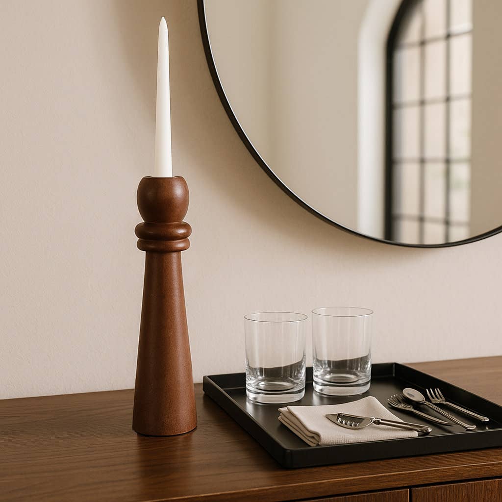 Candle Holder - Brown Mango Wood Modern Totem Taper, 12 in.