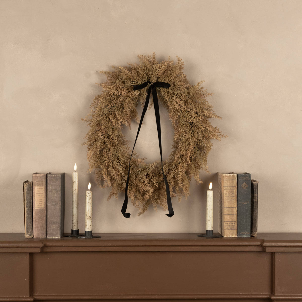 22" TAN MINI MONTEREY CYPRESS WREATH W/ BLACK VELVET BOW