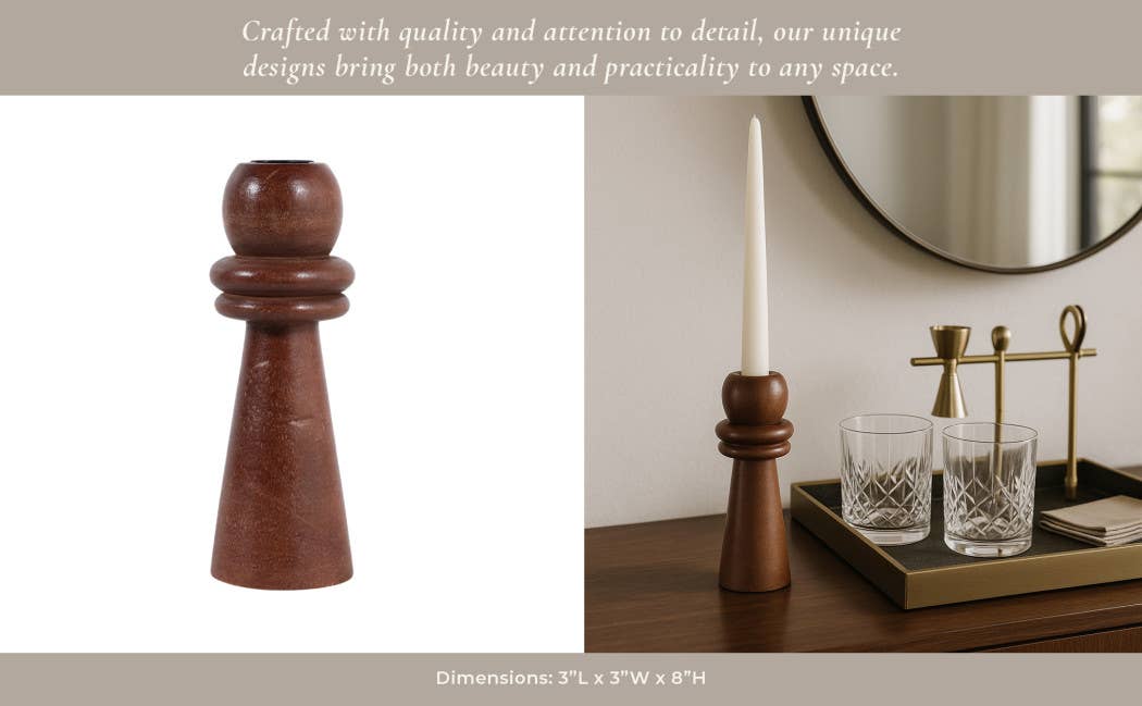 Candle Holder - Brown Mango Wood Modern Totem Taper, 8 in.
