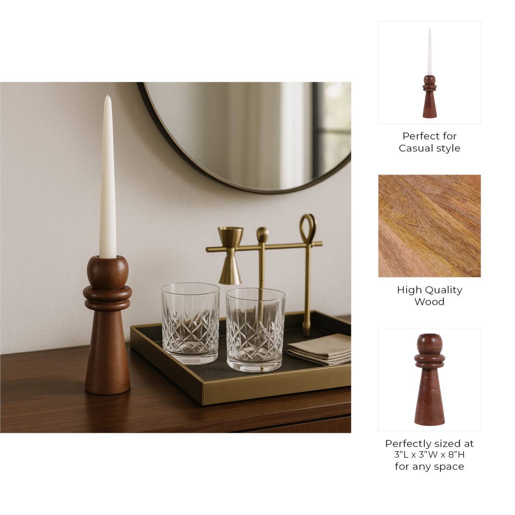 Candle Holder - Brown Mango Wood Modern Totem Taper, 8 in.